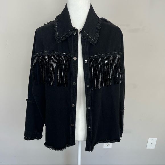 ZARA DENIM EMBELLISHED FRINGE BUTTON UP SHIRT JACKET SIZE SMALL IN BLACK - Picture 15 of 16
